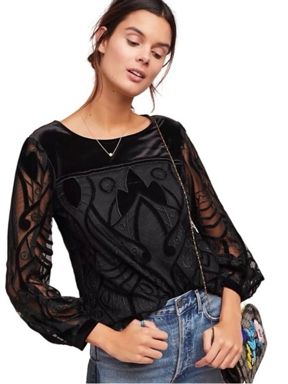 Eva Franco Black Velvet Burnout Sheer Blouse Size Small Art Deco Romantic Witchy